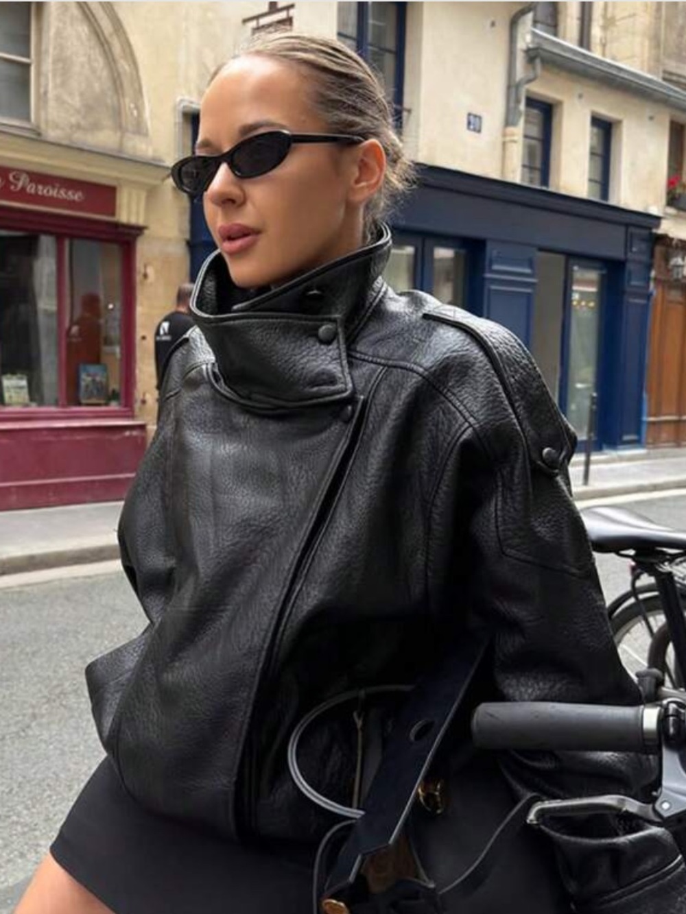 Black Leather-Look High-Collar Jacket - Women